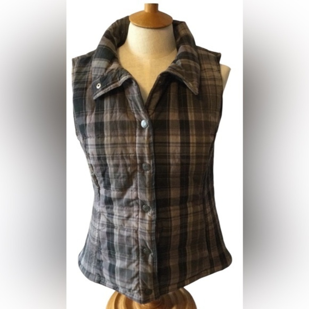 Bandolino Gray Plaid Fabric Lined Snap Vest Size S